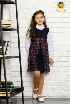 Sarafan trapezat, albastru/carou bordo