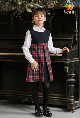 Sarafan trapezat, albastru/carou roșu